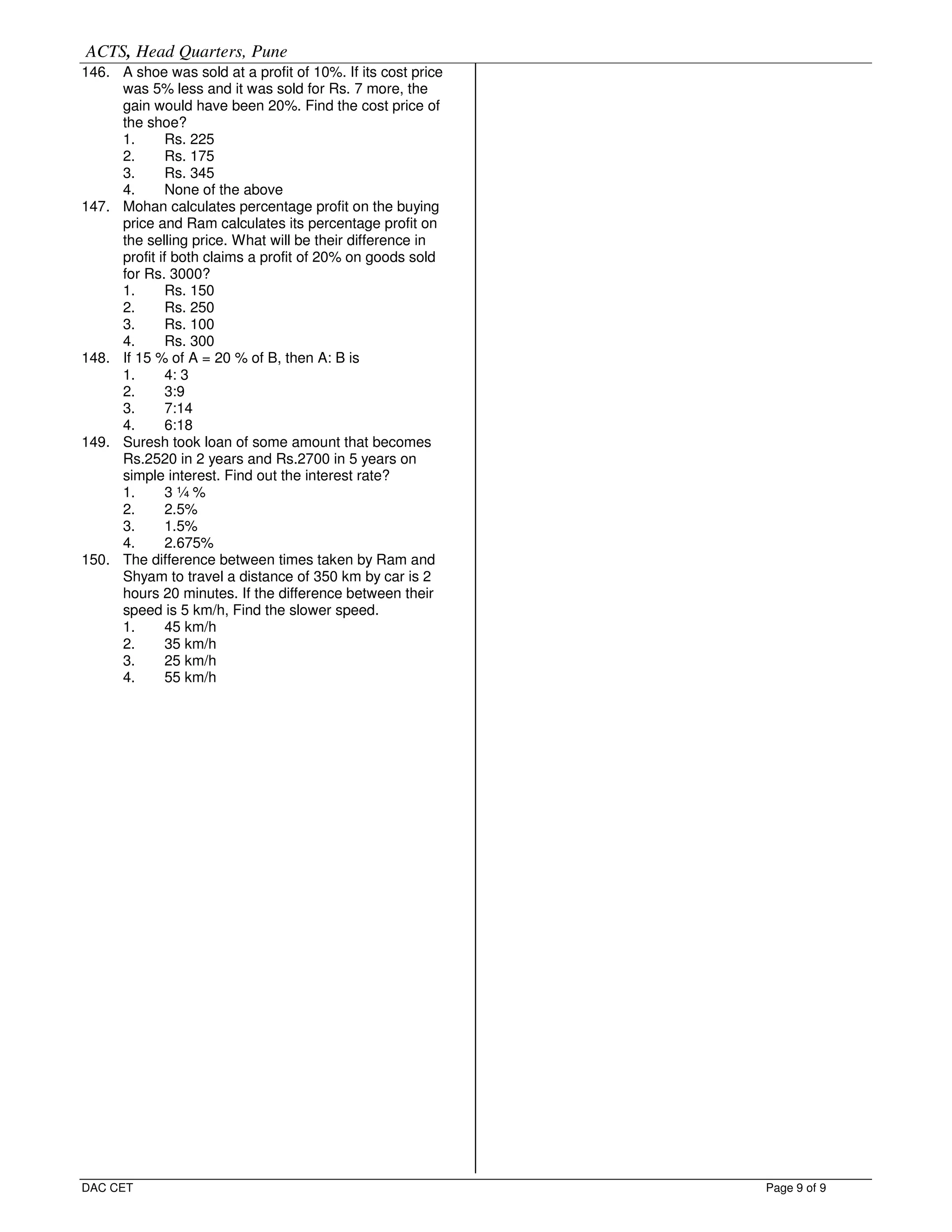 ACTS, Head Quarters, Pune
DAC CET Page 9 of 9
146. A shoe was sold at a profit of 10%. If its cost price
was 5% less and it was sold for Rs. 7 more, the
gain would have been 20%. Find the cost price of
the shoe?
1. Rs. 225
2. Rs. 175
3. Rs. 345
4. None of the above
147. Mohan calculates percentage profit on the buying
price and Ram calculates its percentage profit on
the selling price. What will be their difference in
profit if both claims a profit of 20% on goods sold
for Rs. 3000?
1. Rs. 150
2. Rs. 250
3. Rs. 100
4. Rs. 300
148. If 15 % of A = 20 % of B, then A: B is
1. 4: 3
2. 3:9
3. 7:14
4. 6:18
149. Suresh took loan of some amount that becomes
Rs.2520 in 2 years and Rs.2700 in 5 years on
simple interest. Find out the interest rate?
1. 3 ¼ %
2. 2.5%
3. 1.5%
4. 2.675%
150. The difference between times taken by Ram and
Shyam to travel a distance of 350 km by car is 2
hours 20 minutes. If the difference between their
speed is 5 km/h, Find the slower speed.
1. 45 km/h
2. 35 km/h
3. 25 km/h
4. 55 km/h
 