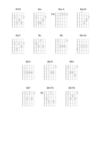 B7M                                     Bm                                      Bm/A                            Bm/D

                                                                    VII             1 1 1 1
1               1                       1               1                                                                      1
        2                                           2                                                                      2
    3       4                               3 4                                                                        3




    Bm7                                     Bo                                      Bb                              Bb/Ab
                                                1                               1           1
1       1       1                       2
            2                               3       4                               2 3 4                            1 1 1
    3                                                                                                           2




                        Bb/C                                    Bb/D                                Bb4
                                                                            1                   1               1


                    1 2 3 4                                         2 3                             2 3
                                                                                                            4




                        Bb7                                 Bb7/D                               Bb7M
                    1       1       1           III                 1                           1               1
                                                                                                        2
                        3       4                           2                                       3       4
                                                                3       4
 