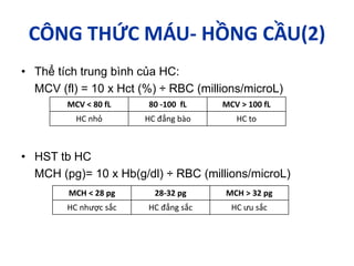 CÔNG THỨC MÁU- HỒNG CẦU(2)
• Thể tích trung bình của HC:
MCV (fl) = 10 x Hct (%) ÷ RBC (millions/microL)
• HST tb HC
MCH (pg)= 10 x Hb(g/dl) ÷ RBC (millions/microL)
MCV < 80 fL 80 -100 fL MCV > 100 fL
HC nhỏ HC đẳng bào HC to
MCH < 28 pg 28-32 pg MCH > 32 pg
HC nhược sắc HC đẳng sắc HC ưu sắc
 