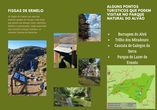 ALGUNS PONTOS
TURISTICOS QUE PODEM
VISITAR NO PARQUE
NATURAL DO ALVÃO
Barragem do Alvã
Trilho dos Miradouro
Cascata de Galegos da
Serra
Parque de Lazer de
Ermelo
As fisgas de Ermelo são uma das
maiores quedas da Europa, é um local
que possui um elevado valor científico,
didático e patrimonial, tendo associada
uma notável vocação turística, na
vertente Turismo de Natureza.
FISGAS DE ERMELO
 