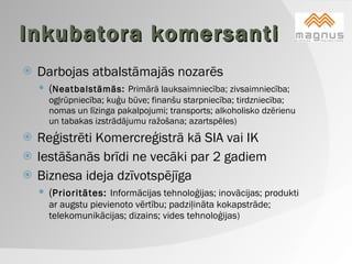 Inkubatora komersanti Darbojas atbalstāmajās nozarēs ( Neatbalstāmās:  Primārā lauksaimniecība; zivsaimniecība; ogļrūpniecība; kuģu būve; finanšu starpniecība; tirdzniecība; nomas un līzinga pakalpojumi; transports; alkoholisko dzērienu un tabakas izstrādājumu ražošana; azartspēles) Reģistrēti Komercreģistrā kā SIA vai IK Iestāšanās brīdi ne vecāki par 2 gadiem Biznesa ideja dzīvotspējīga ( Prioritātes:  Informācijas tehnoloģijas; inovācijas; produkti ar augstu pievienoto vērtību; padziļināta kokapstrāde; telekomunikācijas; dizains; vides tehnoloģijas) 