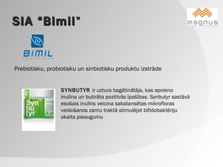 SIA “Bimil ” Prebiotisku, probiotisku un sinbiotisku produktu izstrāde SYNBUTYR  ir uztura bagātinātājs, kas apvieno inulīna un butirāta pozitīvās īpašības. Synbutyr sastāvā esošais inulīns veicina sabalansētas mikrofloras veidošanos zarnu traktā stimulējot bifidobaktēriju skaita pieaugumu 