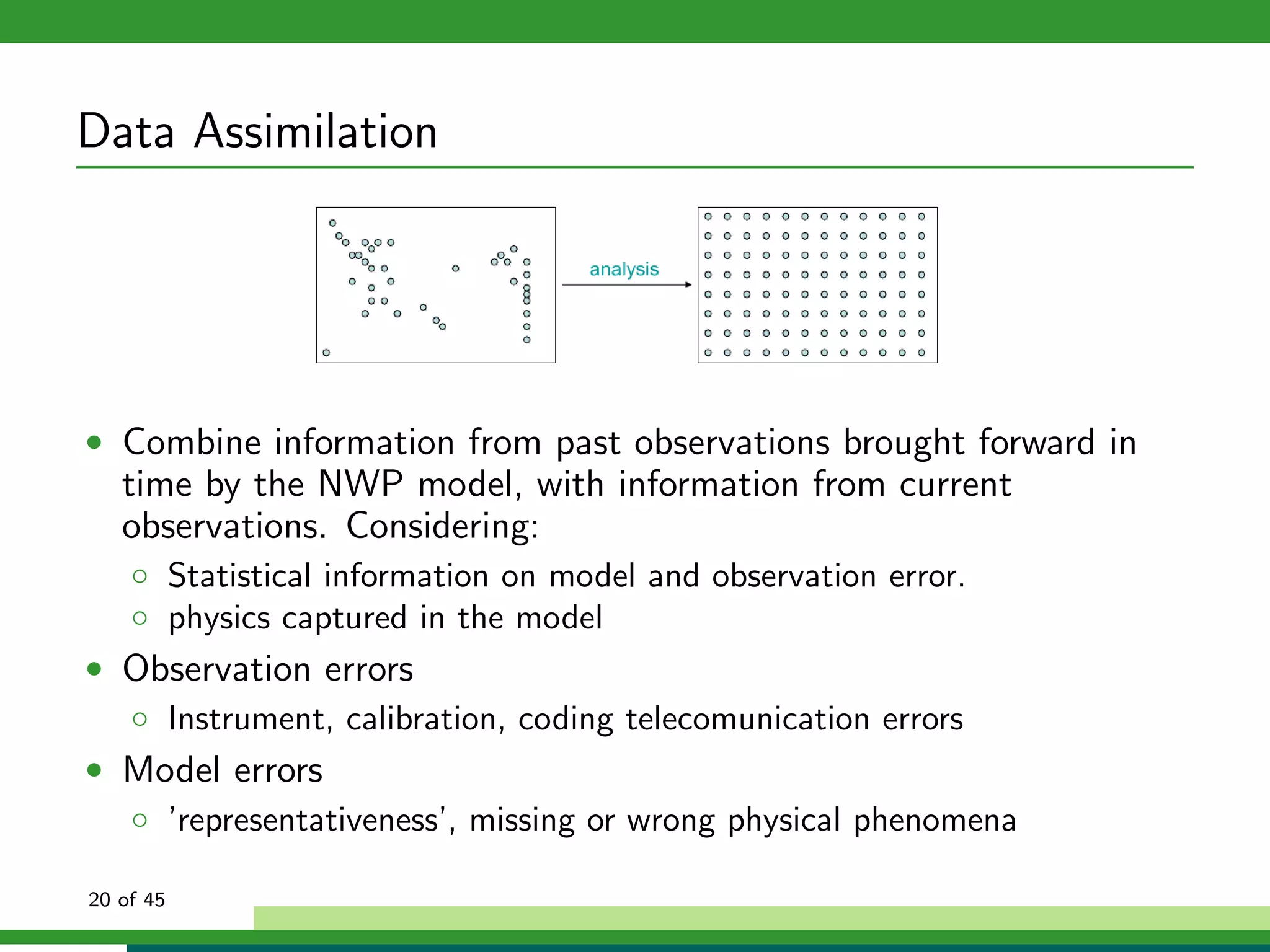 Data Assimilation
• Combine information from past observations brought forward in
time by the NWP model, with information from current
observations. Considering:
◦ Statistical information on model and observation error.
◦ physics captured in the model
• Observation errors
◦ Instrument, calibration, coding telecomunication errors
• Model errors
◦ ’representativeness’, missing or wrong physical phenomena
20 of 45
 