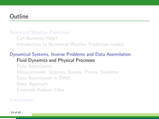 Outline
Numerical Weather Prediction
Can Numerics Help?
Introduction to Numerical Weather Prediction models
Dynamical Systems, Inverse Problems and Data Assimilation
Fluid Dynamics and Physical Processes
Data Assimilation
Measurements: Stations, Sondes, Planes, Satellites
Data Assimilation in DWD
Basic Approach
Ensemble Kalman Filter
Conclusions
14 of 45
 