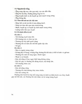 5.1. Nguyên tắc 4 ống
- Ong cung cấp oxy, cho qua mũi, vào sâu đên hâu.
- Ong hút dạ dày, thường dùng ống hơi to.
- Ông truyền dịch và đo huyết áp tĩnh mạch trung ưưng.
- Ong thông đái.
5.2. Theo dõi sát sao các việc sau:
- Nhịp thờ và đo hơi khí ỏ máu động mạch.
- Nhịp tim theo dõi qua máy monitoring.
- Mạch, huyết áp và huyết áp tĩnh mạch trung ương.
- Lượng nước tiêu quy ra giờ.
5.3. Chỉ định điêu trị mô
ưu tiên 1:
- v ết thương mạch máu lớn.
- v ết thương tim có chèn ép tim.
- Thương tốn khí phế quản nặng.
- Thương tôn cố mặt cần mo khí quàn cấp cứu.
- Vỡ gan.
ưu tiên 2:
- Máu tụ ngoài màng cúng.
- Vỡ tạng đặc ở ỏ bụng, vở tạng rỗng, thương tốn tiết niệu có thê trì hoãn vài giờ sau.
- Thương tôn một số tạng ngực, thành ngực.
- Thoát vị cơ hoành.
- Gãy cột sông cô hay ngực thăt lưng không vững.
- Gãy hớ, gãy có thương ton động mạch, trật khớp lớn.
- v ết thương nhãn cầu.
ưu tiên 3:
- Gãy cột sống vững.
- Thương tôn mặt không chày máu nhiều.
- Gãy kín xương chi.
Thường tiến hành hai kíp mổ song song và dưới sự điều hành cùa thầy thuốc
gây mê hồi sức, các thương tổn nên được xủ trí xong trong 8 giờ.
56
 