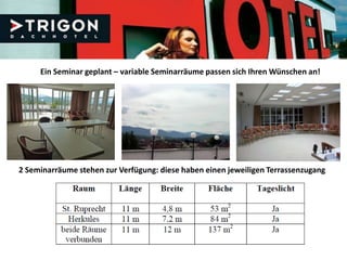 Ein Seminar geplant – variable Seminarräume passen sich Ihren Wünschen an!




2 Seminarräume stehen zur Verfügung: diese haben einen jeweiligen Terrassenzugang
 