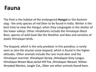 Fauna
The Park is the habitat of the endangered Hangul or the Kashmir
stag - the only species of red Deer to be found in India. Winter is the
best time to view the Hangul, when they congregate in the shelter of
the lower valleys. Other inhabitants include the Himalayan Black
Bear, species of wild Goat like the Markhor and Ibex and varieties of
exotic Himalayan birds.
The leopard, which is the only predator in this paradise, is rarely
seen as also the elusive snow leopard, which is found in the higher
altitudes. Other animals include the rare musk deer and the
Himalayan marmot. Himalayan Serow ,Himalayan Grey Langur,
Himalayan Brown Bear,Jackal Hill Fox ,Himalayan Weasel, Yellow-
throated Marten, Jungle Cat,, Otter are other animals found here.
 