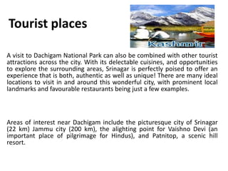 Tourist places
A visit to Dachigam National Park can also be combined with other tourist
attractions across the city. With its delectable cuisines, and opportunities
to explore the surrounding areas, Srinagar is perfectly poised to offer an
experience that is both, authentic as well as unique! There are many ideal
locations to visit in and around this wonderful city, with prominent local
landmarks and favourable restaurants being just a few examples.
Areas of interest near Dachigam include the picturesque city of Srinagar
(22 km) Jammu city (200 km), the alighting point for Vaishno Devi (an
important place of pilgrimage for Hindus), and Patnitop, a scenic hill
resort.
 