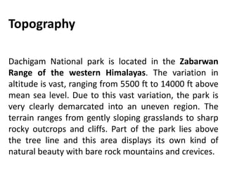 Topography
Dachigam National park is located in the Zabarwan
Range of the western Himalayas. The variation in
altitude is vast, ranging from 5500 ft to 14000 ft above
mean sea level. Due to this vast variation, the park is
very clearly demarcated into an uneven region. The
terrain ranges from gently sloping grasslands to sharp
rocky outcrops and cliffs. Part of the park lies above
the tree line and this area displays its own kind of
natural beauty with bare rock mountains and crevices.
 