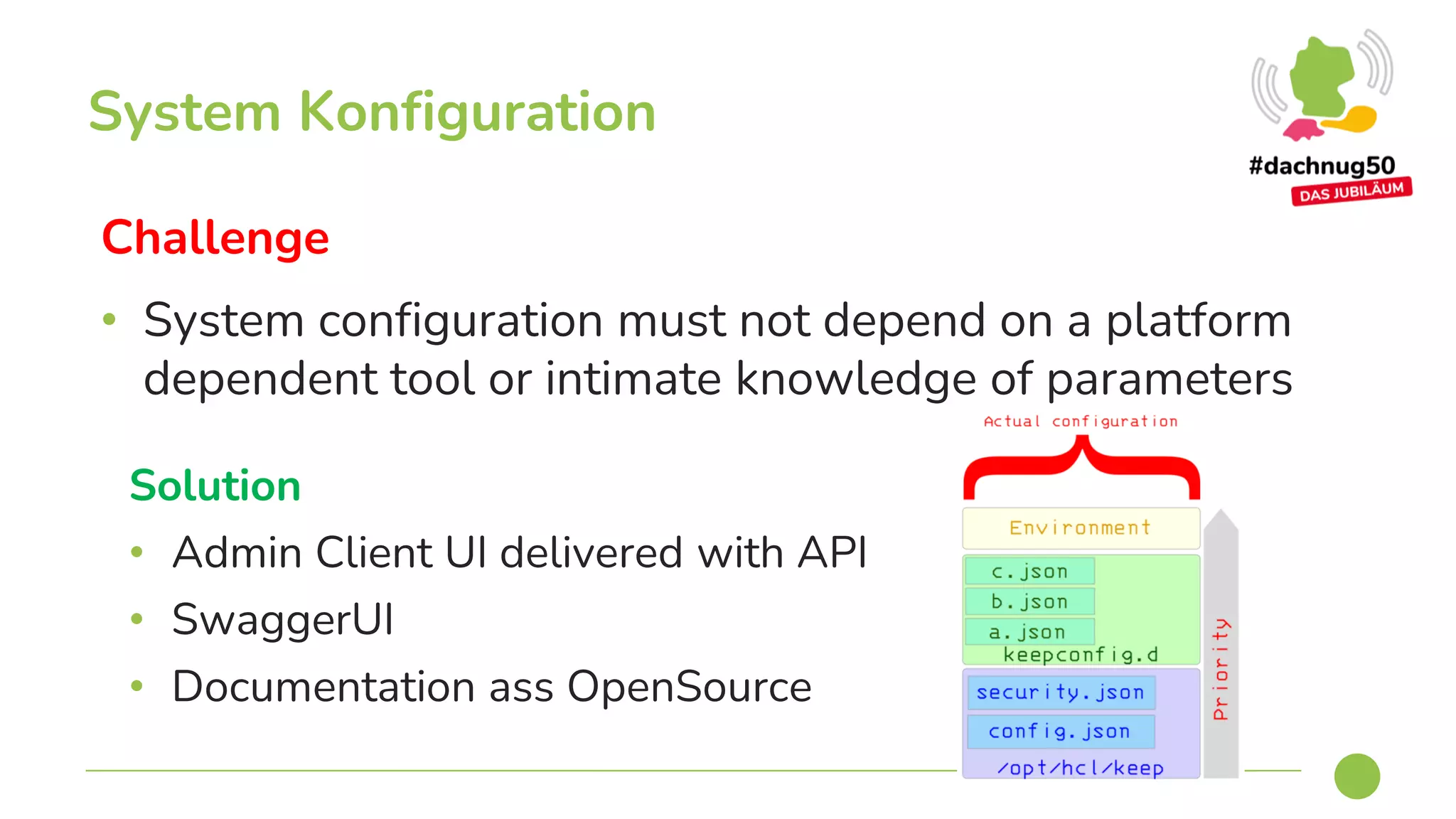 Challenge
• System configuration must not depend on a platform
dependent tool or intimate knowledge of parameters
System Konfiguration
Solution
• Admin Client UI delivered with API
• SwaggerUI
• Documentation ass OpenSource
 