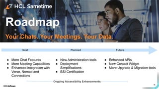 56
Your Chats. Your Meetings. Your Data.
Roadmap
● Enhanced APIs
● New Contact Widget
● More Upgrade & Migration tools
Next Planned Future
● More Chat Features
● More Meeting Capabilities
● Enhanced integration with
Verse, Nomad and
Connections
● New Administration tools
● Deployment
Simplifications
● BSI Certification
Ongoing Accessibility Enhancements
 