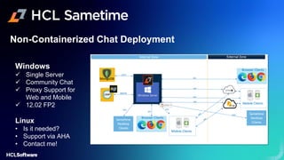 Windows
✓ Single Server
✓ Community Chat
✓ Proxy Support for
Web and Mobile
✓ 12.02 FP2
Linux
• Is it needed?
• Support via AHA
• Contact me!
Non-Containerized Chat Deployment
 