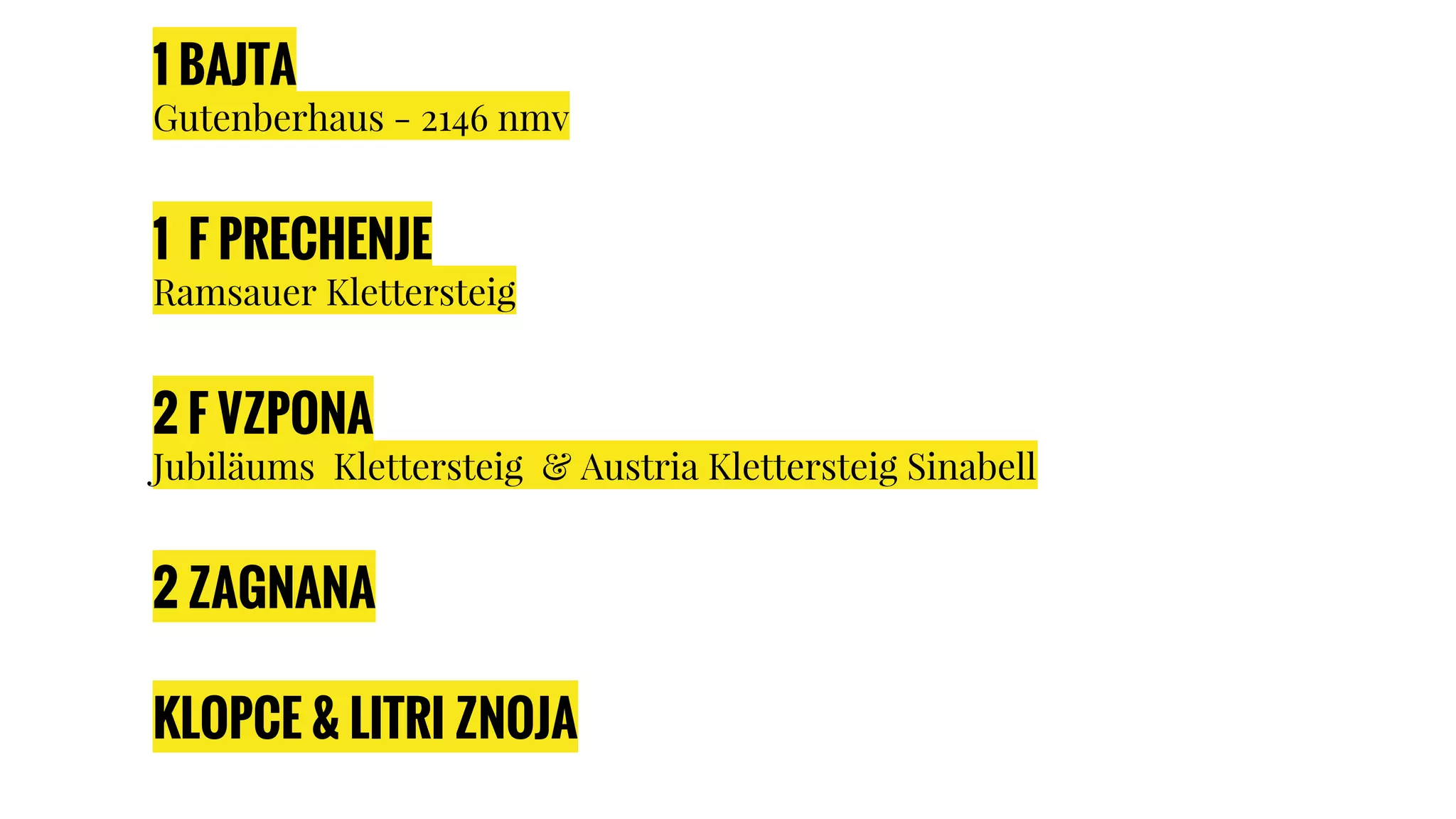 1 BAJTA
Gutenberhaus - 2146 nmv
1 F PRECHENJE
Ramsauer Klettersteig
2 F VZPONA
Jubiläums Klettersteig & Austria Klettersteig Sinabell
2 ZAGNANA
KLOPCE & LITRI ZNOJA
 