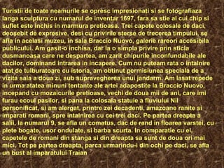 Turistii de toate neamurile se opresc impresionati si se fotografiaza
langa sculptura cu numarul de inventar 1697, fara sa stie al cui chip si
suflet este inchis in marmura pretioasa. Trei capete colosale de daci,
deosebit de expresive, desi cu privirile sterse de trecerea timpului, se
afla in acelasi muzeu, in sala Braccio Nuovo, galerie rareori accesibila
publicului. Am gasit-o inchisa, dar la o simpla privire prin sticla
dusmanoasa care ne despartea, am zarit chipurile inconfundabile ale
dacilor, dominand intrarea in incapere. Cum nu puteam rata o intalnire
atat de tulburatoare cu istoria, am obtinut permisiunea speciala de a
vizita sala a doua zi, sub supravegherea unui jandarm. Am lasat repede
in urma atatea minuni tentante ale artei adapostite la Braccio Nuovo,
incepand cu mozaicurile pretioase, vechi de doua mii de ani, care imi
furau ecoul pasilor, si pana la colosala statuie a fluviului Nil
personificat, si am alergat, printre zei decadenti, amazoane ranite si
imparati romani, spre intalnirea cu cei trei daci. Pe partea dreapta a
salii, la numarul 9, se afla un comatus, dac de rand in floarea varstei, cu
plete bogate, usor ondulate, si barba scurta. In comparatie cu el,
capetele de romani din stanga si din dreapta sa sunt de doua ori mai
mici. Tot pe partea dreapta, parca urmarindu-i din ochi pe daci, se afla
un bust al imparatului Traian
 