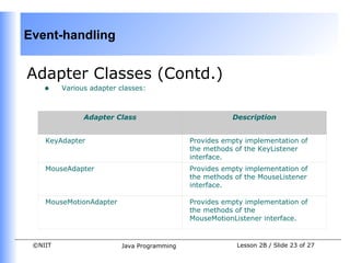 Event-handling


Adapter Classes (Contd.)
    •    Various adapter classes:



               Adapter Class                            Description


    KeyAdapter                               Provides empty implementation of
                                             the methods of the KeyListener
                                             interface.
    MouseAdapter                             Provides empty implementation of
                                             the methods of the MouseListener
                                             interface.

    MouseMotionAdapter                       Provides empty implementation of
                                             the methods of the
                                             MouseMotionListener interface.


 ©NIIT                    Java Programming               Lesson 2B / Slide 23 of 27
 