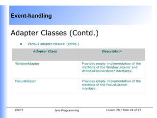 Event-handling


Adapter Classes (Contd.)
    •    Various adapter classes: (contd.)

            Adapter Class                                Description



 WindowAdapter                               Provides empty implementation of the
                                             methods of the WindowListener and
                                             WindowFocusListener interfaces.


 FocusAdapter                                Provides empty implementation of the
                                             methods of the FocusListener
                                             interface.




 ©NIIT                    Java Programming                 Lesson 2B / Slide 24 of 27
 