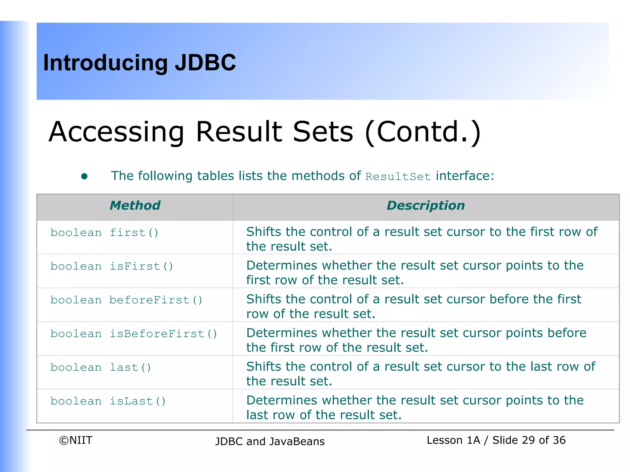 Introducing JDBC


Accessing Result Sets (Contd.)
    •    The following tables lists the methods of ResultSet interface:

         Method                                       Description

boolean first()               Shifts the control of a result set cursor to the first row of
                              the result set.
boolean isFirst()             Determines whether the result set cursor points to the
                              first row of the result set.
boolean beforeFirst()         Shifts the control of a result set cursor before the first
                              row of the result set.
boolean isBeforeFirst()       Determines whether the result set cursor points before
                              the first row of the result set.
boolean last()                Shifts the control of a result set cursor to the last row of
                              the result set.
boolean isLast()              Determines whether the result set cursor points to the
                              last row of the result set.

 ©NIIT                   JDBC and JavaBeans                  Lesson 1A / Slide 29 of 36
 