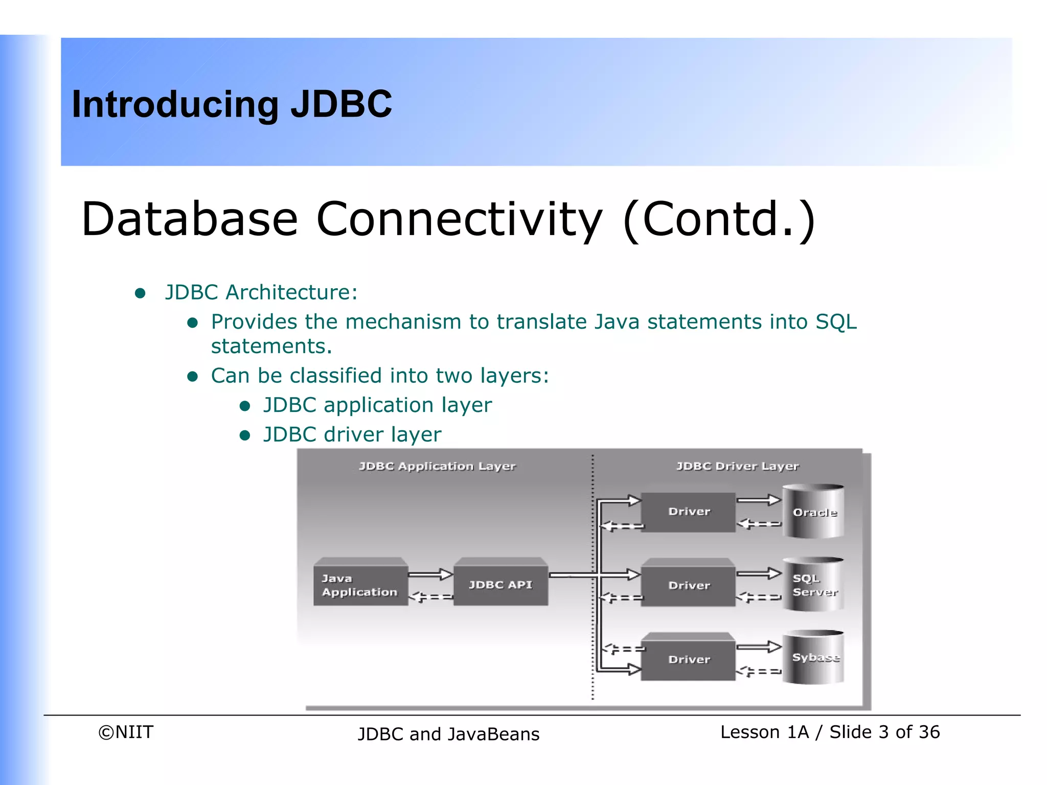 Introducing JDBC


Database Connectivity (Contd.)
    •    JDBC Architecture:
           • Provides the mechanism to translate Java statements into SQL
             statements.
           • Can be classified into two layers:
                • JDBC application layer
                • JDBC driver layer




 ©NIIT                    JDBC and JavaBeans                Lesson 1A / Slide 3 of 36
 