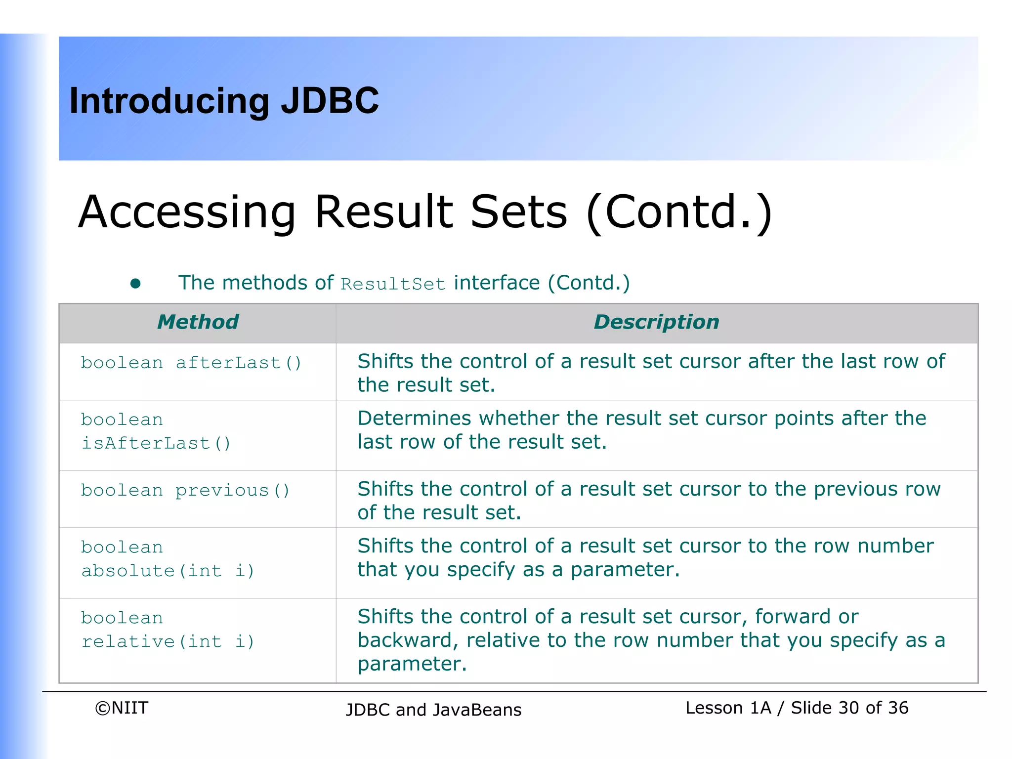 Introducing JDBC


Accessing Result Sets (Contd.)
    •     The methods of ResultSet interface (Contd.)

         Method                                     Description
boolean afterLast()        Shifts the control of a result set cursor after the last row of
                           the result set.
boolean                    Determines whether the result set cursor points after the
isAfterLast()              last row of the result set.

boolean previous()         Shifts the control of a result set cursor to the previous row
                           of the result set.
boolean                    Shifts the control of a result set cursor to the row number
absolute(int i)            that you specify as a parameter.

boolean                    Shifts the control of a result set cursor, forward or
relative(int i)            backward, relative to the row number that you specify as a
                           parameter.

 ©NIIT                   JDBC and JavaBeans                   Lesson 1A / Slide 30 of 36
 