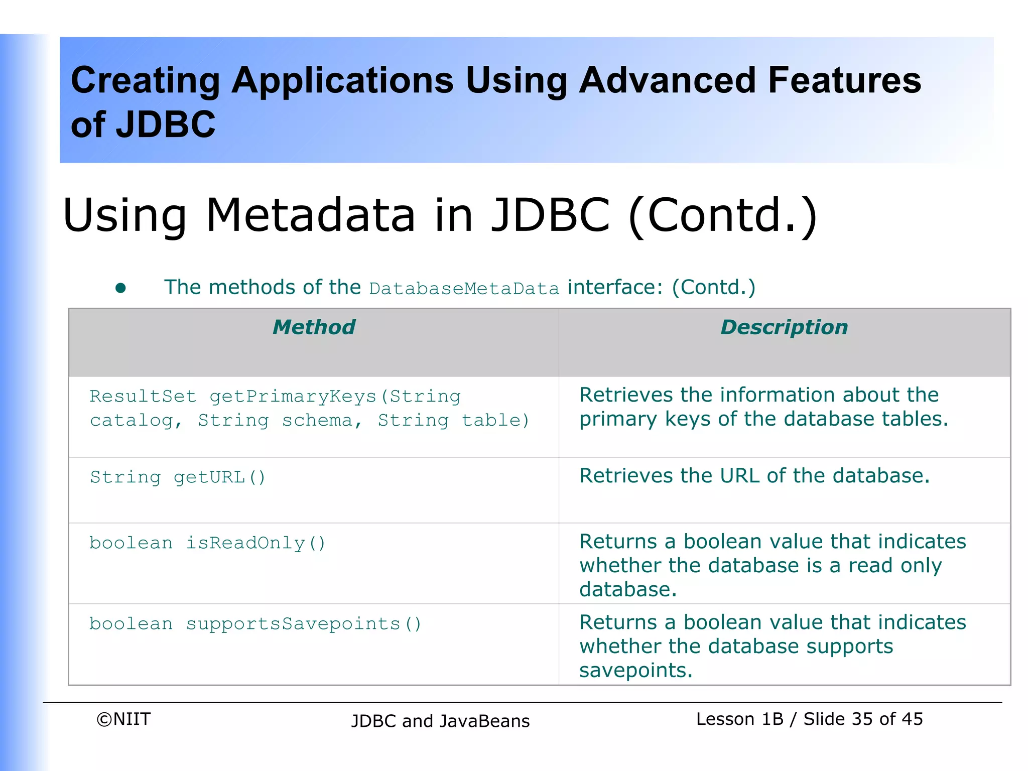 Creating Applications Using Advanced Features
of JDBC

Using Metadata in JDBC (Contd.)
  •      The methods of the DatabaseMetaData interface: (Contd.)

                   Method                                   Description


 ResultSet getPrimaryKeys(String               Retrieves the information about the
 catalog, String schema, String table)         primary keys of the database tables.

 String getURL()                               Retrieves the URL of the database.


 boolean isReadOnly()                          Returns a boolean value that indicates
                                               whether the database is a read only
                                               database.
 boolean supportsSavepoints()                  Returns a boolean value that indicates
                                               whether the database supports
                                               savepoints.

 ©NIIT                    JDBC and JavaBeans              Lesson 1B / Slide 35 of 45
 