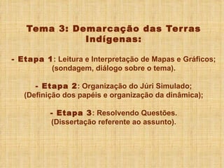 Tema 3: Demarcação das Terras Indígenas: - Etapa 1 : Leitura e Interpretação de Mapas e Gráficos; (sondagem, diálogo sobre o tema). - Etapa 2 : Organização do Júri Simulado; (Definição dos papéis e organização da dinâmica); - Etapa 3 : Resolvendo Questões. (Dissertação referente ao assunto).   