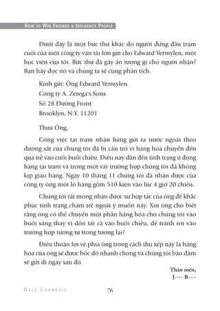 Dưới đây là một bức thư khác do người đứng đầu trạm
cuối của một công ty vận tải lớn gửi cho Edward Vermylen, một
học viên của tôi. Bức thư đã gây ấn tượng gì cho người nhận?
Bạn hãy đọc nó và chúng ta sẽ cùng phân tích.
Kính gửi: Ông Edward Vermylen
Công ty A. Zerega's Sons
Số 28 Đường Front
Brooklyn, N.Y. 11201
Thưa Ông,
Công việc tại trạm nhận hàng gửi ra nước ngoài theo
đường sắt của chúng tôi đã bị cản trở vì hàng hóa chuyển đến
quá trễ vào cuối buổi chiều. Điều này dẫn đến tình trạng ứ đọng
hàng tại trạm và trong một vài trường hợp chúng tôi đã không
kịp giao hàng. Ngày 10 tháng 11 chúng tôi đã nhận được của
công ty ông một lô hàng gồm 510 kiện vào lúc 4 giờ 20 chiều.
Chúng tôi rất mong nhận được sự hợp tác của ông để khắc
phục tình trạng chậm trễ ngoài ý muốn này. Xin ông cho biết
rằng ông có thể chuyển một phần hàng hóa cho chúng tôi vào
buổi sáng thay vì dồn tất cả vào buổi chiều, để tránh rơi vào
trường hợp tương tự trong tương lai?
Điều thuận lợi về phía ông trong cách thu xếp này là hàng
hóa của ông sẽ được bốc dỡ nhanh chóng và chúng tôi bảo đảm
sẽ gửi đi ngay sau đó.
Thân mến,
J---- B----
76
HOW TO WIN FRIENDS & INFLUENCE PEOPLE
 