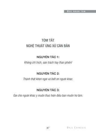 87
Đ Ắ C N H Â N T Â M
NGUYÊN TẮC 1:
Không chỉ trích, oán trách hay than phiền!
NGUYÊN TẮC 2:
Thành thật khen ngợi và biết ơn người khác.
NGUYÊN TẮC 3:
Gợi cho người khác ý muốn thực hiện điều bạn muốn họ làm.
 