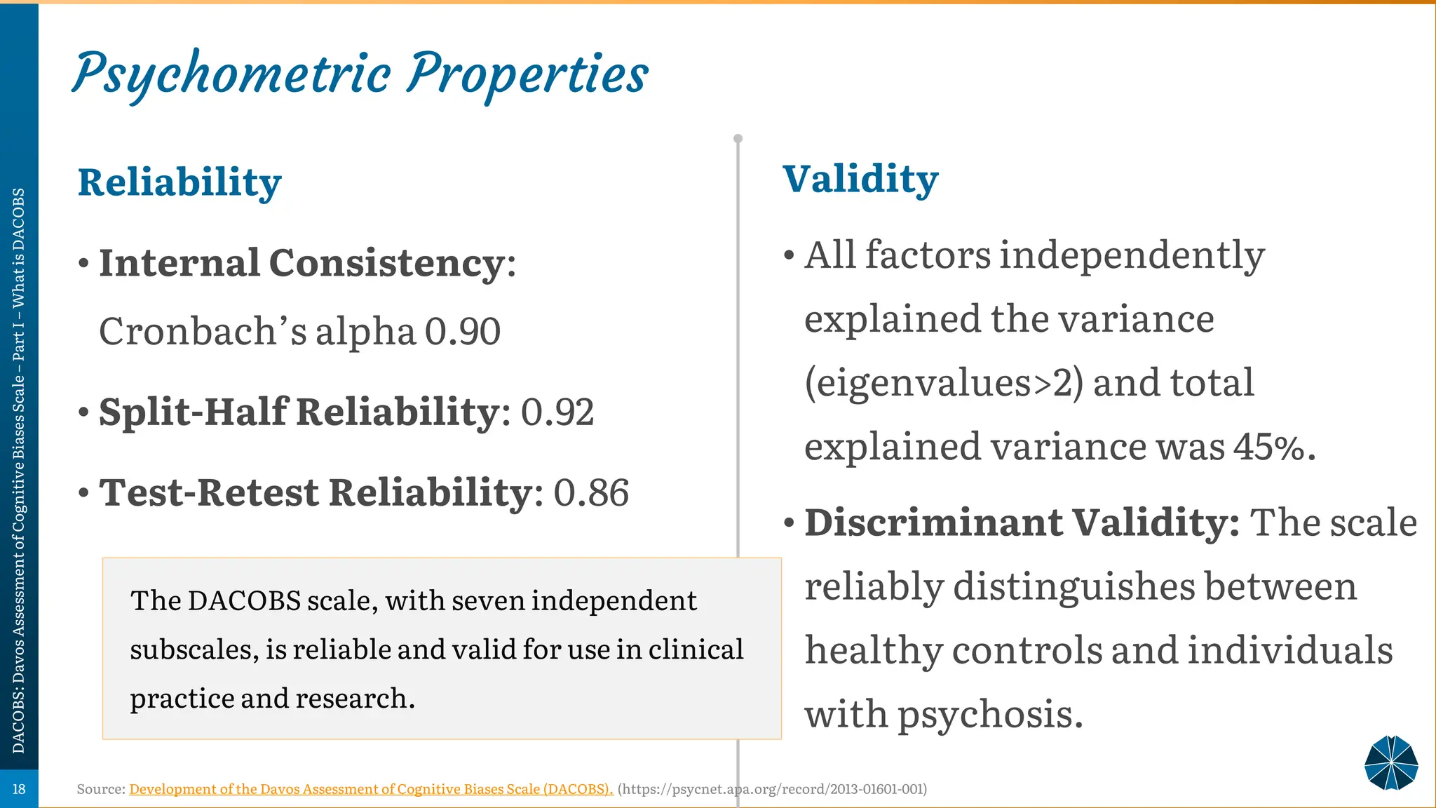 Psychometric Properties
Reliability
• Internal Consistency:
Cronbach’s alpha 0.90
• Split-Half Reliability: 0.92
• Test-Retest Reliability: 0.86
Validity
• All factors independently
explained the variance
(eigenvalues>2) and total
explained variance was 45%.
• Discriminant Validity: The scale
reliably distinguishes between
healthy controls and individuals
with psychosis.
DACOBS:
Davos
Assessment
of
Cognitive
Biases
Scale
–
Part
I
–
What
is
DACOBS
Source: Development of the Davos Assessment of Cognitive Biases Scale (DACOBS). (https://psycnet.apa.org/record/2013-01601-001)
18
The DACOBS scale, with seven independent
subscales, is reliable and valid for use in clinical
practice and research.
 