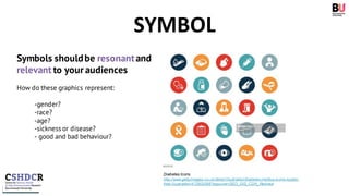 Symbols shouldbe resonantand
relevant to your audiences
How do these graphics represent:
-gender?
-race?
-age?
-sickness or disease?
- good and bad behaviour?
SYMBOL
Diabetes Icons
http://www.gettyimages.co.uk/detail/illustration/diabetes-mellitus-icons-royalty-
free-illustration/472802068?esource=SEO_GIS_CDN_Redirect
 