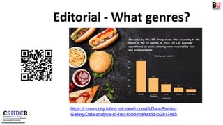 Editorial - What genres?
https://community.fabric.microsoft.com/t5/Data-Stories-
Gallery/Data-analysis-of-fast-food-market/td-p/2617085
 