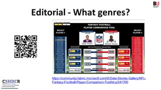 Editorial - What genres?
https://community.fabric.microsoft.com/t5/Data-Stories-Gallery/NFL-
Fantasy-Football-Player-Comparison-Tool/td-p/241700
 