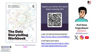 Discount code until end of year
EFL03
LINK TO REGISTERINTEREST
https://forms.office.com/e/ZXMfEzyi
FURTHER CPD INFO
https://www.bournemouth.ac.uk/bu-
uhd-data-digital-leadership-cpds
Prof Anna
Feigenbaum
@drfigtree
@SHDCresearc
h
 