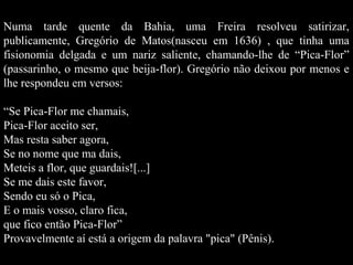Numa tarde quente da Bahia, uma Freira resolveu satirizar,
publicamente, Gregório de Matos(nasceu em 1636) , que tinha uma
fisionomia delgada e um nariz saliente, chamando-lhe de “Pica-Flor”
(passarinho, o mesmo que beija-flor). Gregório não deixou por menos e
lhe respondeu em versos:
“Se Pica-Flor me chamais,
Pica-Flor aceito ser,
Mas resta saber agora,
Se no nome que ma dais,
Meteis a flor, que guardais![...]
Se me dais este favor,
Sendo eu só o Pica,
E o mais vosso, claro fica,
que fico então Pica-Flor”
Provavelmente aí está a origem da palavra "pica" (Pênis).

 