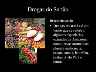 Drogas do Sertão
Drogas do sertão

• Drogas do sertão é um
termo que se refere a
algumas especiarias
extraídas da Amazônia
como: ervas aromáticas,
plantas medicinais,
cacau, canela, baunilha,
castanha do Pará e
outras.

 