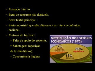 – Mercado interno.
– Bens de consumo não duráveis.
– Setor têxtil: principal.
– Surto industrial que não alterou o a estrutura econômica
nacional.
– Motivos do fracasso:
• Falta de apoio do governo.
• Sabotagens (oposição
de latifundiários).
• Concorrência inglesa.

 