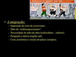 • A imigração:
–
–
–
–
–

Superação da crise do escravismo.
Mito do “embranquecimento”.
Necessidade de mão-de-obra (cafeicultura – sudeste).
Ocupação e defesa (região sul).
Crise econômica e social em países europeus.

 