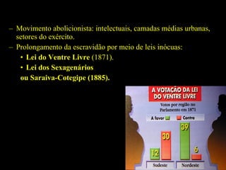– Movimento abolicionista: intelectuais, camadas médias urbanas,
setores do exército.
– Prolongamento da escravidão por meio de leis inócuas:
• Lei do Ventre Livre (1871).
• Lei dos Sexagenários
ou Saraiva-Cotegipe (1885).

 