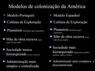 Modelos de colonização da América
• Modelo Português

• Modelo Espanhol

► Colônia de Exploração

► Colônia de Exploração

► Plantation (latifúndio agro-exportador)

► Plantation (latifúndio agro-

► Mão de obra escrava (mais

exportador)

► Mão de obra escrava (mais
índio do que negro)

negro do que índio)

► Sociedade menos

► Sociedade mais

hierarquizada (chapetones, criollos,

hierarquizada (livres e cativos)
► Administração mais

simples e centralizada

mestiços, negros e índios)

►

Administração mais complexa e
descentralizada

 