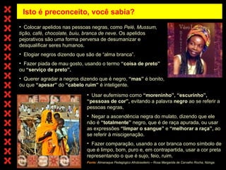 Isto é preconceito, você sabia?
• Colocar apelidos nas pessoas negras, como Pelé, Mussum,
tição, café, chocolate, buiu, branca de neve. Os apelidos
pejorativos são uma forma perversa de desumanizar e
desqualificar seres humanos.
• Elogiar negros dizendo que são de “alma branca”.
• Fazer piada de mau gosto, usando o termo “coisa de preto”
ou “serviço de preto”.
• Querer agradar a negros dizendo que é negro, “mas” é bonito,
ou que “apesar” do “cabelo ruim” é inteligente.
• Usar eufemismo como “moreninho”, “escurinho”,
“pessoas de cor”, evitando a palavra negro ao se referir a
pessoas negras.
• Negar a ascendência negra do mulato, dizendo que ele
não é “totalmente” negro, que é de raça apurada, ou usar
as expressões “limpar o sangue” e “melhorar a raça”, ao
se referir à miscigenação.
• Fazer comparação, usando a cor branca como símbolo de
que é limpo, bom, puro e, em contrapartida, usar a cor preta
representando o que é sujo, feio, ruim.
Fonte: Almanaque Pedagógico Afrobrasileiro – Rosa Margarida de Carvalho Rocha, Nzinga.

 