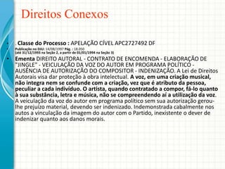 Direitos Conexos
•

. Classe do Processo : APELAÇÃO CÍVEL APC2727492 DF

•

Publicação no DJU: 14/08/1997 Pág. : 18.050
(até 31/12/1993 na Seção 2, a partir de 01/01/1994 na Seção 3)

• Ementa DIREITO AUTORAL - CONTRATO DE ENCOMENDA - ELABORAÇÃO DE
"JINGLE" - VEICULAÇÃO DA VOZ DO AUTOR EM PROGRAMA POLÍTICO AUSÊNCIA DE AUTORIZAÇÃO DO COMPOSITOR - INDENIZAÇÃO. A Lei de Direitos
Autorais visa dar proteção à obra intelectual. A voz, em uma criação musical,
não integra nem se confunde com a criação, vez que é atributo da pessoa,
peculiar a cada indivíduo. O artista, quando contratado a compor, fá-lo quanto
à sua substância, letra e música, não se compreendendo aí a utilização da voz.
A veiculação da voz do autor em programa político sem sua autorização geroulhe prejuízo material, devendo ser indenizado. Indemonstrada cabalmente nos
autos a vinculação da imagem do autor com o Partido, inexistente o dever de
indenizar quanto aos danos morais.

 