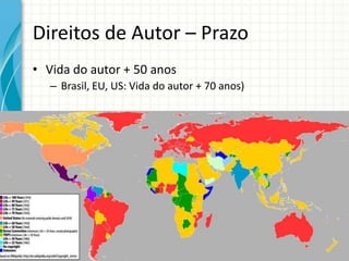 Direitos de Autor – Prazo
• Vida do autor + 50 anos
– Brasil, EU, US: Vida do autor + 70 anos)

 