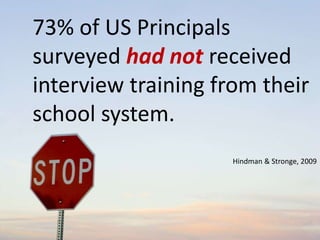 73% of US Principals
surveyed had not received
interview training from their
school system.
Hindman & Stronge, 2009
 