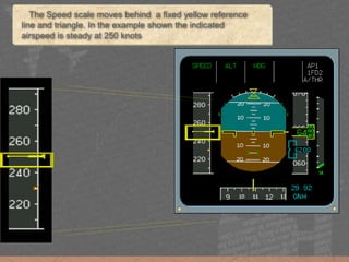 The Speed scale moves behind a fixed yellow reference
line and triangle. In the example shown the indicated
airspeed is steady at 250 knots
 