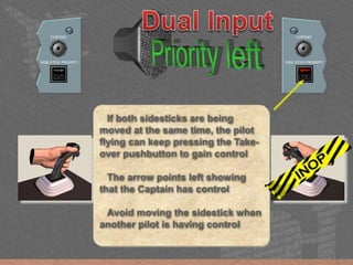 If both sidesticks are being
moved at the same time, the pilot
flying can keep pressing the Take-
over pushbutton to gain control
The arrow points left showing
that the Captain has control
Avoid moving the sidestick when
another pilot is having control
 