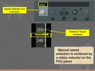 Selected Target
Airspeed
Manual speed
selection is achieved by
a rotary selector on the
FCU panel
Speed Selector and
Indication
 