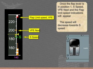 180
200
220
240
=
o
140
160
180
200
220
=
S
140
Once the flap lever is
in position 1, S Speed,
VFE Next and the Flap
limit speed indications
will appear
The speed will
decrease towards S
speed
VFE Next
Flap Limit speed, VFE
S Speed
 