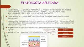 FISIOLOGIA APLICADA
 LAS GLANDULAS LAGRIMALES PRINCIPALES SE PRODUCEN ALREDEDOR DEL 95% DEL
COMPONENTE ACUOSO DE LAS LAGRIMAS Y LAS GLANDULAS LAGRIMALES
ACCESORIAS DE KRAUSE Y WOLFRING PRODUCEN EL RESTO
 La secreción de lagrimas tiene un componente basal ( de reposo) y otro mucho
mayor reflejo
 La secreción refleja deriva de la estimulación sensorial conjuntival y cornea superficial
, o es el resultado de la desaparición de lagrimas y la formación de un área seca o de
inflamación conjuntival
 Actualmente se cree que toda la masa de tejido lagrimal responde como una
unidad
 La película pre corneal de lagrimas consta de tres capas
lipídica
acuosa
mucínica
 