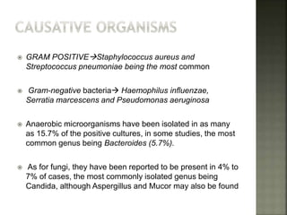  GRAM POSITIVEStaphylococcus aureus and
Streptococcus pneumoniae being the most common
 Gram-negative bacteria Haemophilus influenzae,
Serratia marcescens and Pseudomonas aeruginosa
 Anaerobic microorganisms have been isolated in as many
as 15.7% of the positive cultures, in some studies, the most
common genus being Bacteroides (5.7%).
 As for fungi, they have been reported to be present in 4% to
7% of cases, the most commonly isolated genus being
Candida, although Aspergillus and Mucor may also be found
 