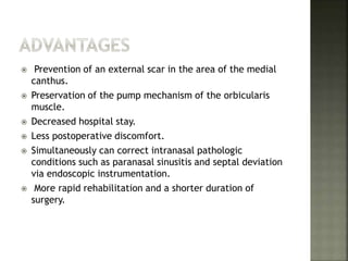  Prevention of an external scar in the area of the medial
canthus.
 Preservation of the pump mechanism of the orbicularis
muscle.
 Decreased hospital stay.
 Less postoperative discomfort.
 Simultaneously can correct intranasal pathologic
conditions such as paranasal sinusitis and septal deviation
via endoscopic instrumentation.
 More rapid rehabilitation and a shorter duration of
surgery.
 