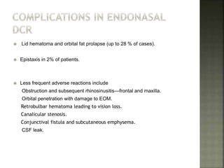  Lid hematoma and orbital fat prolapse (up to 28 % of cases).
 Epistaxis in 2% of patients.
 Less frequent adverse reactions include
Obstruction and subsequent rhinosinusitis—frontal and maxilla.
Orbital penetration with damage to EOM.
Retrobulbar hematoma leading to vision loss.
Canalicular stenosis.
Conjunctival fistula and subcutaneous emphysema.
CSF leak.
 